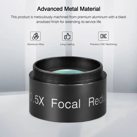 0.5x Telescope Focal Reducer For Imaging And Visual Telescopes, 1.25 Inch Filter Thread, Fully Multi Coated Field Corrector, Halves Focal Length For A Wider View And Faster Exposures, Perfect Accessory For Astronomy Photography And 28.5x0.75mm, advanced metal material description