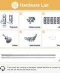 Hardware kit components for Ready To Install Bifold Closet Door Set For 64x80 Openings With 3 Lite Tempered Frosted Glass Panels