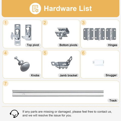 Hardware kit components for Ready To Install Bifold Closet Door Set For 64x80 Openings With 3 Lite Tempered Frosted Glass Panels