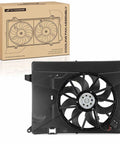 Direct Replacement Engine Radiator Cooling Fan Assembly For Buick Encore And Chevrolet Trax Inline Four Motor shown from side with 8 blades and plug.