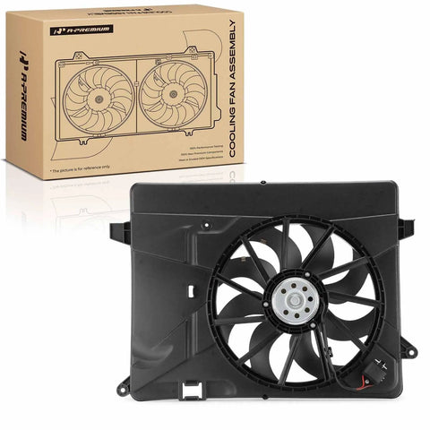 Direct Replacement Engine Radiator Cooling Fan Assembly For Buick Encore And Chevrolet Trax Inline Four Motor shown from side with 8 blades and plug.