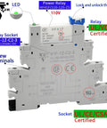 Ultra Compact 110V AC DC Power Relay With LED Indicator No Fuss Easy Install SPDT 1NO 1NC 6 Amp Socket Base And DIN Rail Mount showing UL certification details