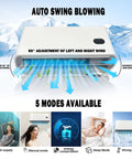12V Truck Parking Air Conditioner 9600 BTU Mini Split In Cab AC Unit for Semi Trucks and Sleep Cab DC Inverter showing auto swing blowing and 5 modes available