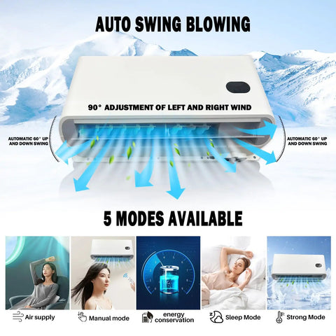 12V Truck Parking Air Conditioner 9600 BTU Mini Split In Cab AC Unit for Semi Trucks and Sleep Cab DC Inverter showing auto swing blowing and 5 modes available
