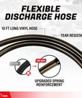 Heavy Duty Battery Operated Electric Chemical Transfer Pump With Adjustable Telescopic Suction Tube For Three To Twenty Gallon Drums Gas Cans And Pails Swivel Spout No Stress Duo Pack 10 ft long flexible discharge hose, tear resistant vinyl, upgraded spring reinforcement.