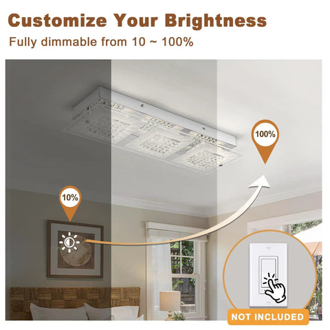 Crystal Rectangle Ceiling Light Fixture Flush Mount LED demonstrating dimmable 18W 4000K bright white glow in a room.