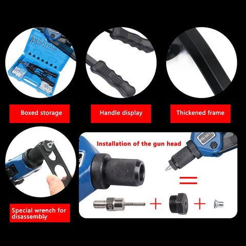 Super Handy Hand Rivet Nut Tool With Long Levers And Quick Swap Heads Plus A Full 110 Piece Kit Of Metric Rivets From M3 To M12 For Any Cool DIY Garage Upgrade Or Serious Auto Repair Job Today blue case, handles, and head setup