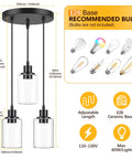 Diagram of Industrial Three Light Pendant Light With Adjustable Height Up To 34 Inches, Black Finish And Clear Glass Shade, E26 Base