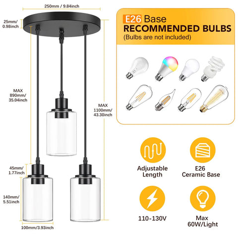 Diagram of Industrial Three Light Pendant Light With Adjustable Height Up To 34 Inches, Black Finish And Clear Glass Shade, E26 Base