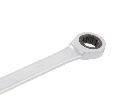 Close-up of a Hard Working 6 Piece Metric Double Box End Ratcheting Wrench Set With Universal Spline Heads And Slick Chrome Vanadium Finish.
