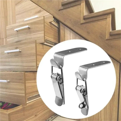 4 Pack 90 Degree Duck Mouth Hook Lock Hasp Set, Silver Metal Spring Latch Catch, used on wooden drawers and cabinets.