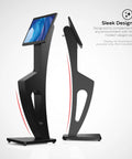 Side view of black Floor Stand Kiosk for Monitors and Printer Slot 15 to 32 Inches supports up to 60 lbs with sleek design