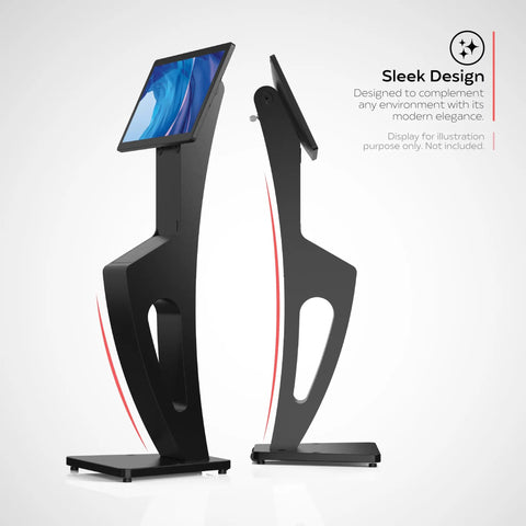 Side view of black Floor Stand Kiosk for Monitors and Printer Slot 15 to 32 Inches supports up to 60 lbs with sleek design