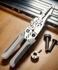 Pro Grade Heavy Duty Wire Stripper And Cutter Pliers For Electricians, Kickass Multifunctional Lineman Tool on wood surface with screws.