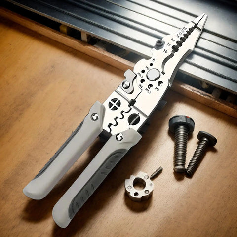 Pro Grade Heavy Duty Wire Stripper And Cutter Pliers For Electricians, Kickass Multifunctional Lineman Tool on wood surface with screws.