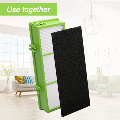 Green Holmes Aer1 Compatible Replacement Filters Pack for Home Air Purifiers with visible filter and pre-filter in a room setting
