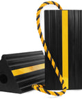 Heavy Duty 3 Sided Rubber Wheel Chock With Reflective Strips And 36 Inch Nylon Rope Grippy Non Slip Base 9.5x5x4.25 Inches