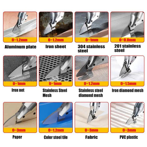 Powerful Cordless Electric Metal Shears With Swivel Head For Cutting Stainless Steel Iron Sheet Metal And Carpet on various materials like PVC and fabric.