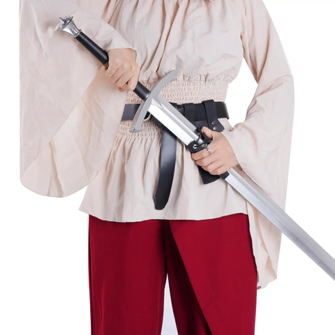 Person wearing the Medieval Belt Sword Dagger Frog Holster Set For Halloween in black PU leather with sword displayed.