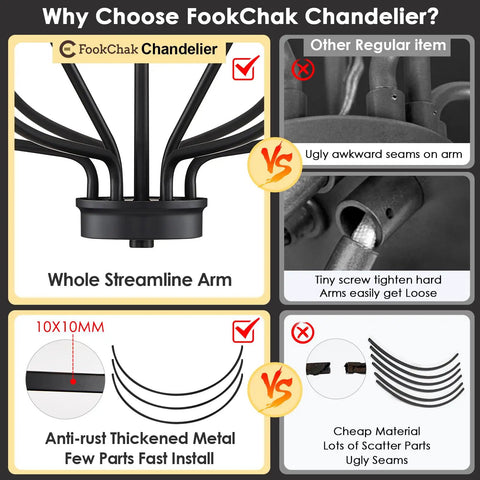 Comparison of FookChak Chandelier features with regular items, showcasing streamlined arms and anti-rust thickened metal