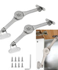 Front view of a 2-pack heavy-duty lid stay hinge set in metal with mounting plates and screws for cabinet doors.