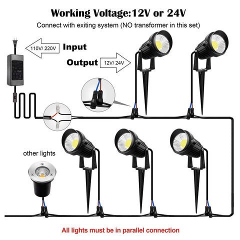 Diagram of Totally Lit Ultra Bright Low Voltage Outdoor LED Landscape Lights With Connectors 10W 12V 24V setup