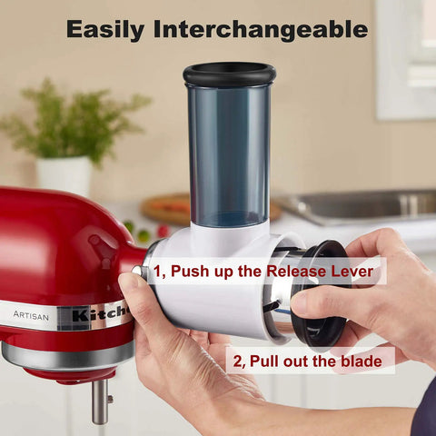 Hands changing blades on an Effortless Slicer Shredder Attachment For Your Stand Mixer Lets You Slice Grate And Process Food Like A Boss