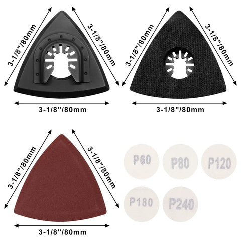 Two Pack Three One Eighth Inch Oscillating Tool Sanding Pad And Fifty Triangular Sanding Pads Set with grits 60 80 120 180 240