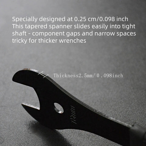 Close-up of Bike Cone Wrench Set 13mm To 19mm 7-Piece For Wheel Hub Axle Nut Install Remove Spanner, showcasing thin design.