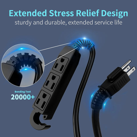 Close-up of 15 Foot 16 Gauge 3 Outlet Outdoor Extension Cord Waterproof Black Tough As Nails Power Cable With Three Prongs SJTW ETL Listed.