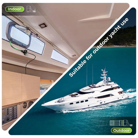 Ultra-Thin Flat Ethernet Cable No Drill RJ45 Extension Cord gliding through window for yacht internet connection.