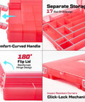 Red storage box for 98 Piece Impact Screwdriver Bit Set With Magnetic S2 Steel Bits, featuring handle and 17-slot grid design