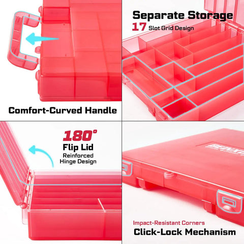 Red storage box for 98 Piece Impact Screwdriver Bit Set With Magnetic S2 Steel Bits, featuring handle and 17-slot grid design