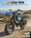 Beast 1200W Fat Tire Electric Mountain Bike for teens and adults on rugged mountain terrain with 55 mile range display