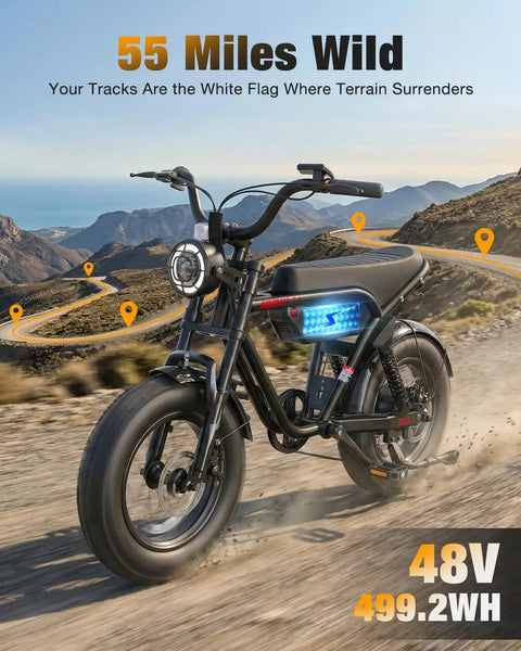 Beast 1200W Fat Tire Electric Mountain Bike for teens and adults on rugged mountain terrain with 55 mile range display