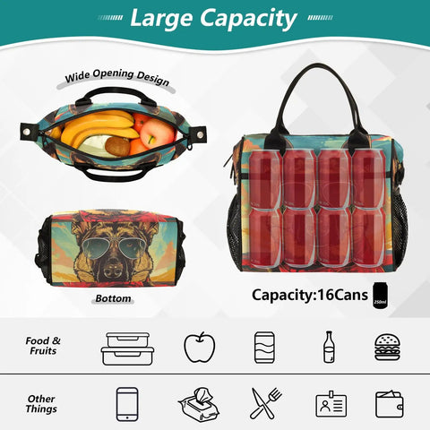 Insulated Lunch Bag Cooler Tote For Outdoor Picnics And Camping, Reusable with detachable strap, wide opening design, holds 16 cans
