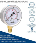 Front view of BPSSDI 2.5-inch liquid-filled pressure gauge, 0-100 psi, with 304 stainless steel case and 1/4" NPT mount.