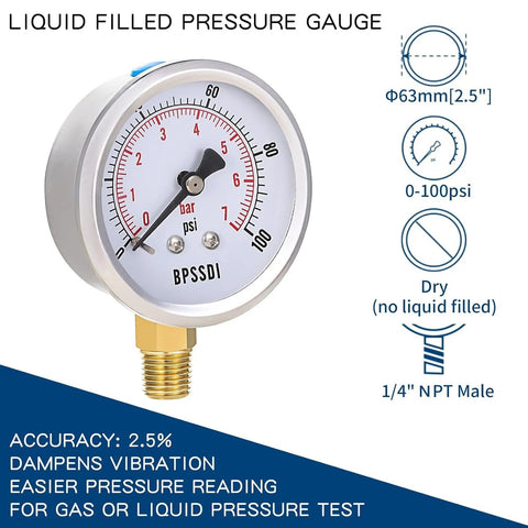 Front view of BPSSDI 2.5-inch liquid-filled pressure gauge, 0-100 psi, with 304 stainless steel case and 1/4" NPT mount.