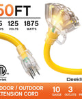 Beefy 50 Ft 10 Gauge Heavy Duty Outdoor Extension Cord With Three Outlets And Indicator Light For Worksite Waterproof SJTW 15A 1875W ETL Listed Flexible Yellow