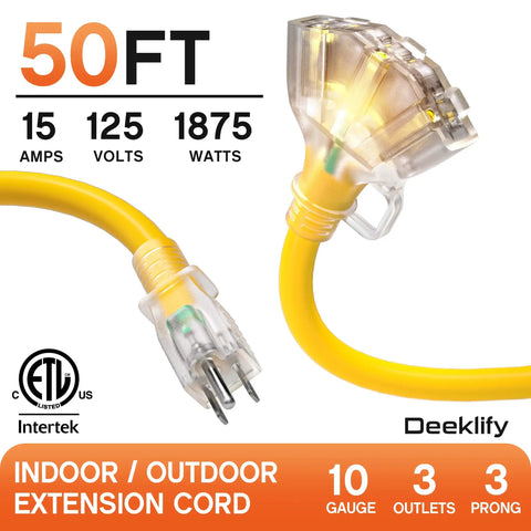 Beefy 50 Ft 10 Gauge Heavy Duty Outdoor Extension Cord With Three Outlets And Indicator Light For Worksite Waterproof SJTW 15A 1875W ETL Listed Flexible Yellow