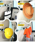 Hard Hat Holder And Gear Organizer For Truck Or Car With Three Lower Hooks For Jackets Tool Bags Headphones And Totes Patent Pending Silver Finish Durable Steel Mount installed in car holding briefcase, hat, hard hat, and clothes.