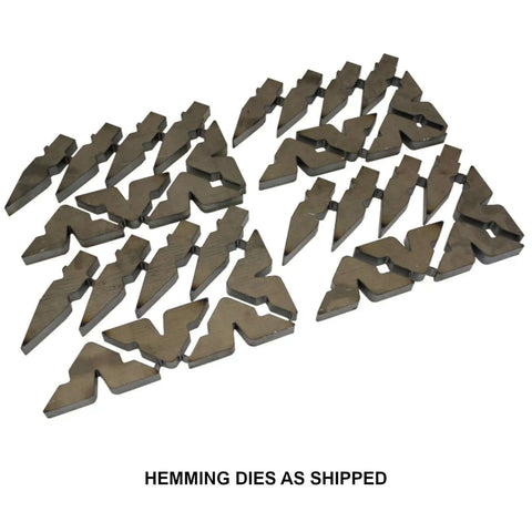 32-piece hemming dies as shipped, forming an 8 inch die for 12 and 20 ton finger brakes, unassembled, made in the USA