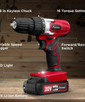 Heavy Duty 20 Volt Max Lithium Ion Cordless Drill Kit featuring ergonomic grip and keyless chuck, variable speed trigger, LED light.