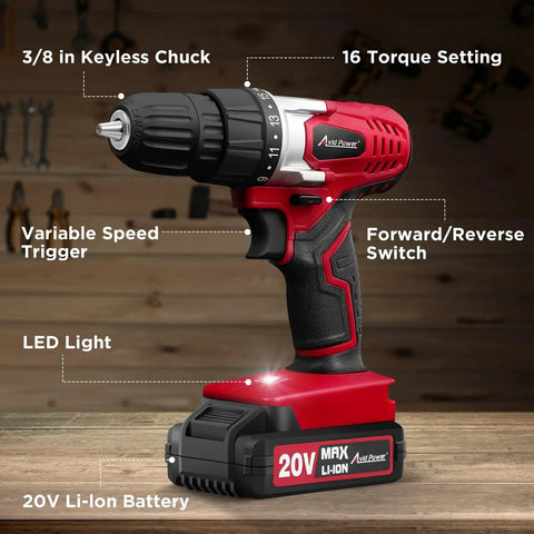 Heavy Duty 20 Volt Max Lithium Ion Cordless Drill Kit featuring ergonomic grip and keyless chuck, variable speed trigger, LED light.
