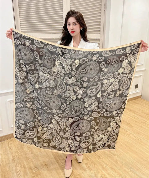 43 Inch Square Silk Feeling Scarf For Hair And Neck Wrap, Lightweight Satin Polyester Blend, 110cm, displayed with paisley print