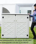 Big Weatherproof Outdoor Storage Shed Box For Garden And Backyard, Waterproof 48 Cu Ft Capacity, with person for scale