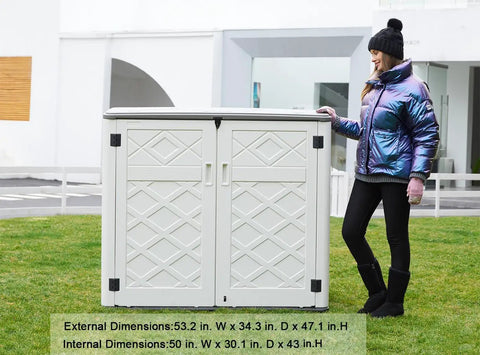 Big Weatherproof Outdoor Storage Shed Box For Garden And Backyard, Waterproof 48 Cu Ft Capacity, with person for scale