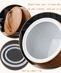 Asian Weave Ceramic Rice Dispenser With Tight Lid showing double-layer seal and textured inner surface for food storage.