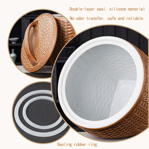 Asian Weave Ceramic Rice Dispenser With Tight Lid showing double-layer seal and textured inner surface for food storage.