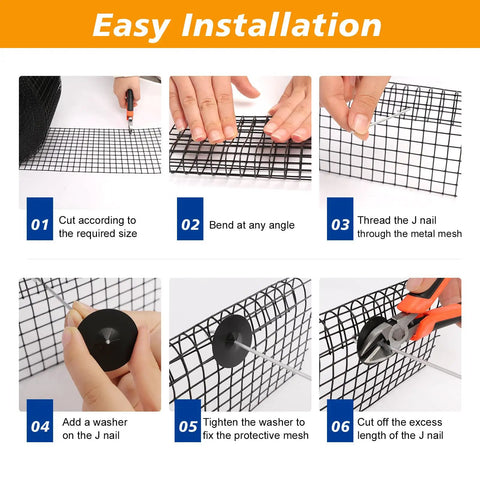 Hella Durable Solar Panel Bird Guard Anti Roll Mesh Kit With Black PVC Fasteners installation steps with black mesh and tools.
